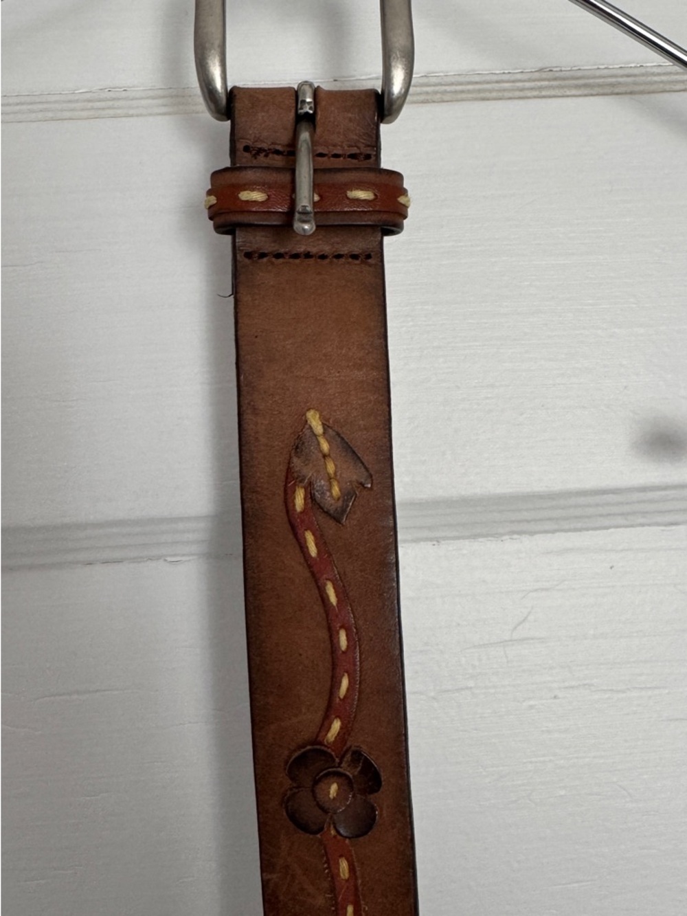 Fossil Tooled Leather Belt Brown Floral Stitch Western Boho Small